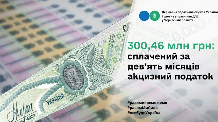 300,46 млн грн: ГУ ДПС у Черкаській області – про сплачений за 9 місяців акцизний податок